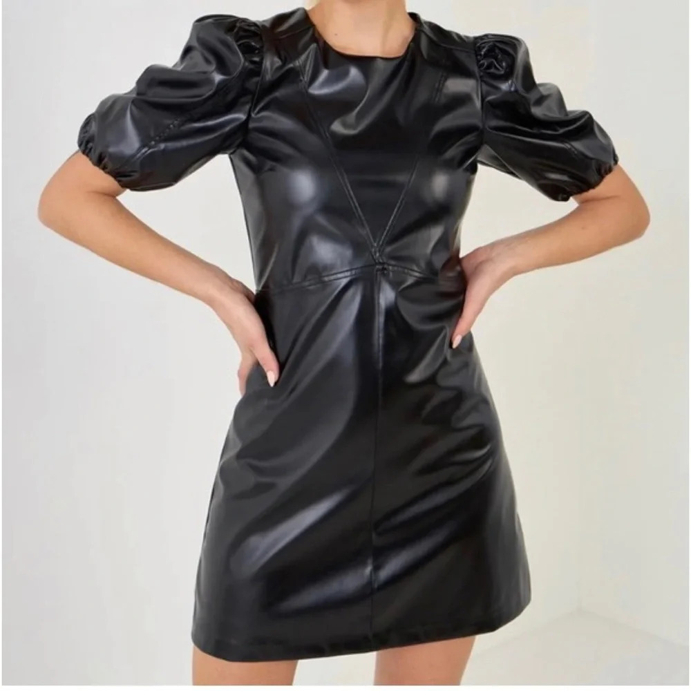 Endless Rose Pu Puff Sleeve Mini Faux Leather Black Dress NWT